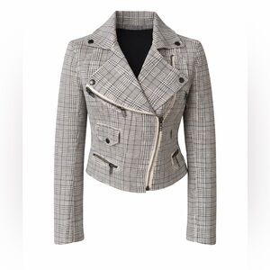 BLANKNYC Plaid Moto Jacket XS Gray Cream Biker Zip Cropped Academia Chic